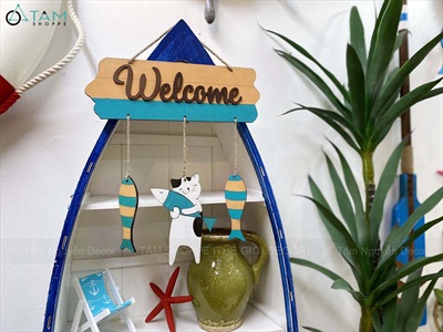 Bảng Welcome Mèo Cá PCB [Bằng gỗ - ĐK 30cm] BTC-WEL-09